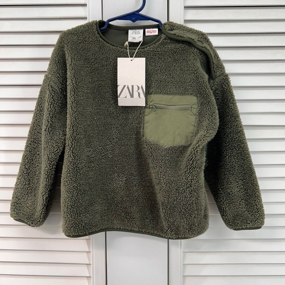 Zara size 3-4 green Sherpa sweatshirt top nwt